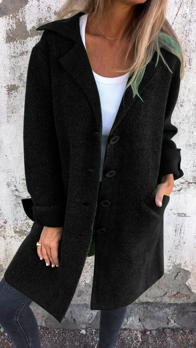 Women's Long Button-Front Lapel Coat Relaxed Fit - Black