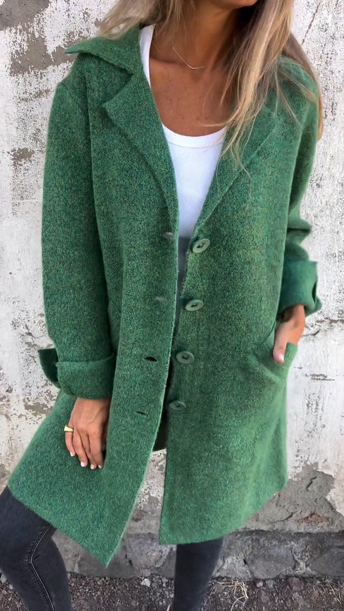 Women's Long Button-Front Lapel Coat Relaxed Fit - Green