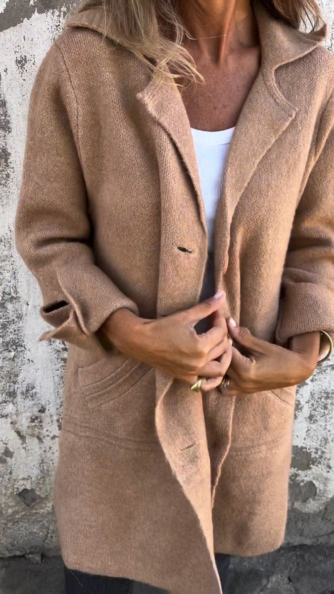 Women's Long Button-Front Lapel Coat Relaxed Fit - Khaki