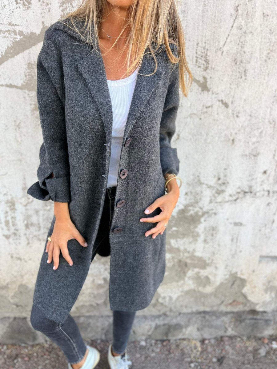 Women's Long Button-Front Lapel Coat Relaxed Fit - Gray