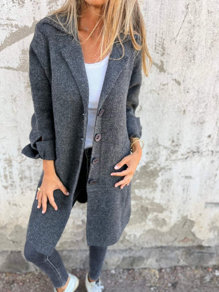 Women's Long Button-Front Lapel Coat Relaxed Fit - Gray
