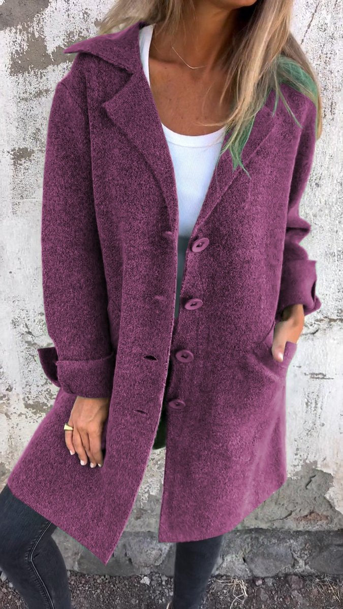 Women's Long Button-Front Lapel Coat Relaxed Fit - Purple