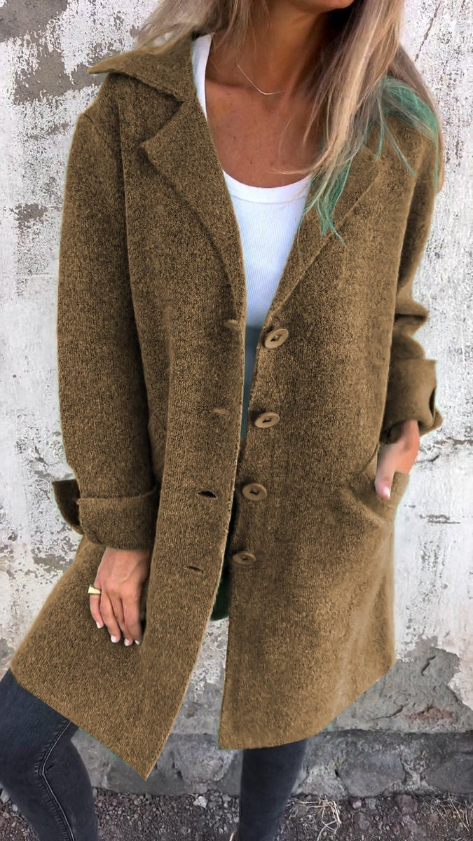 Women's Long Button-Front Lapel Coat Relaxed Fit - Brown