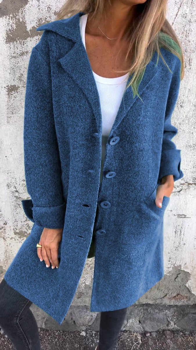 Women's Long Button-Front Lapel Coat Relaxed Fit - Blue