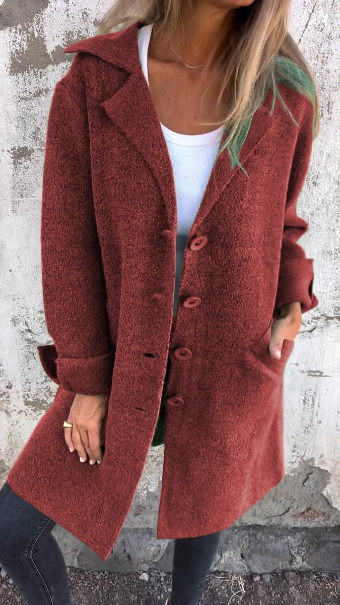 Women's Long Button-Front Lapel Coat Relaxed Fit - Red
