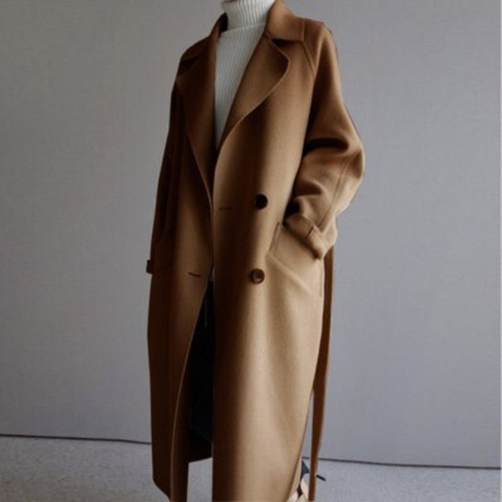 Women's Long Cashmere Blend Double-Breasted Coat - Caramel