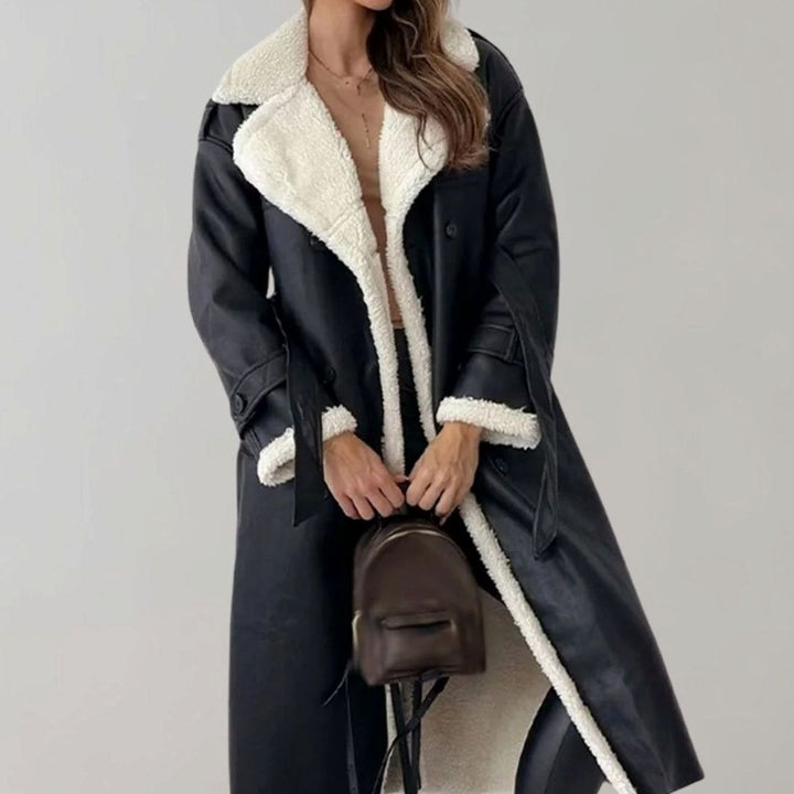Women's Long Faux Leather Sherpa-Lined Double-Breasted Teddy Coat - Black