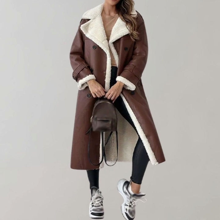 Women's Long Faux Leather Sherpa-Lined Double-Breasted Teddy Coat