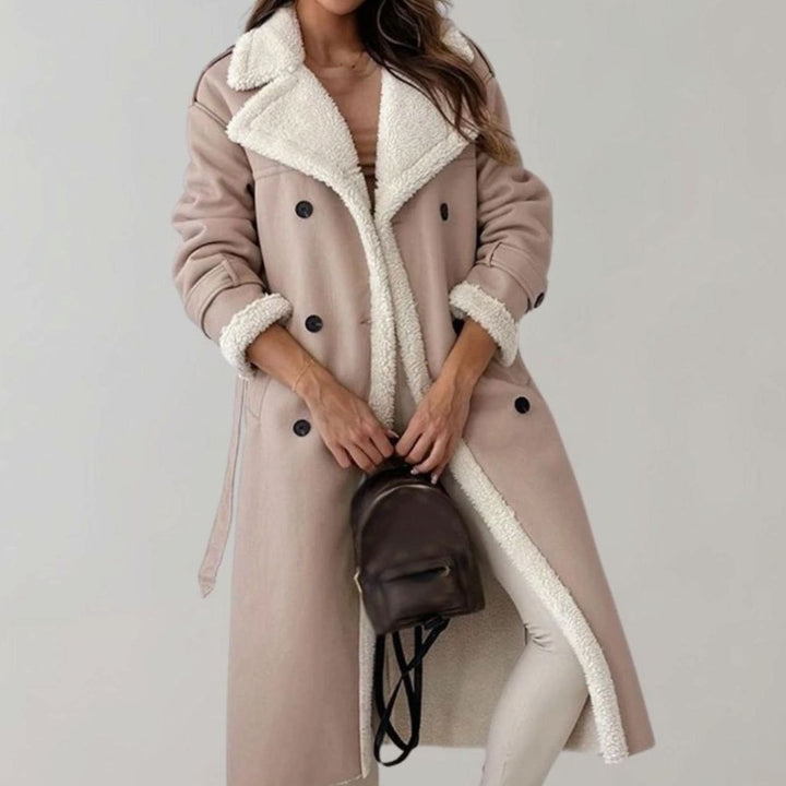 Women's Long Faux Leather Sherpa-Lined Double-Breasted Teddy Coat - Khaki