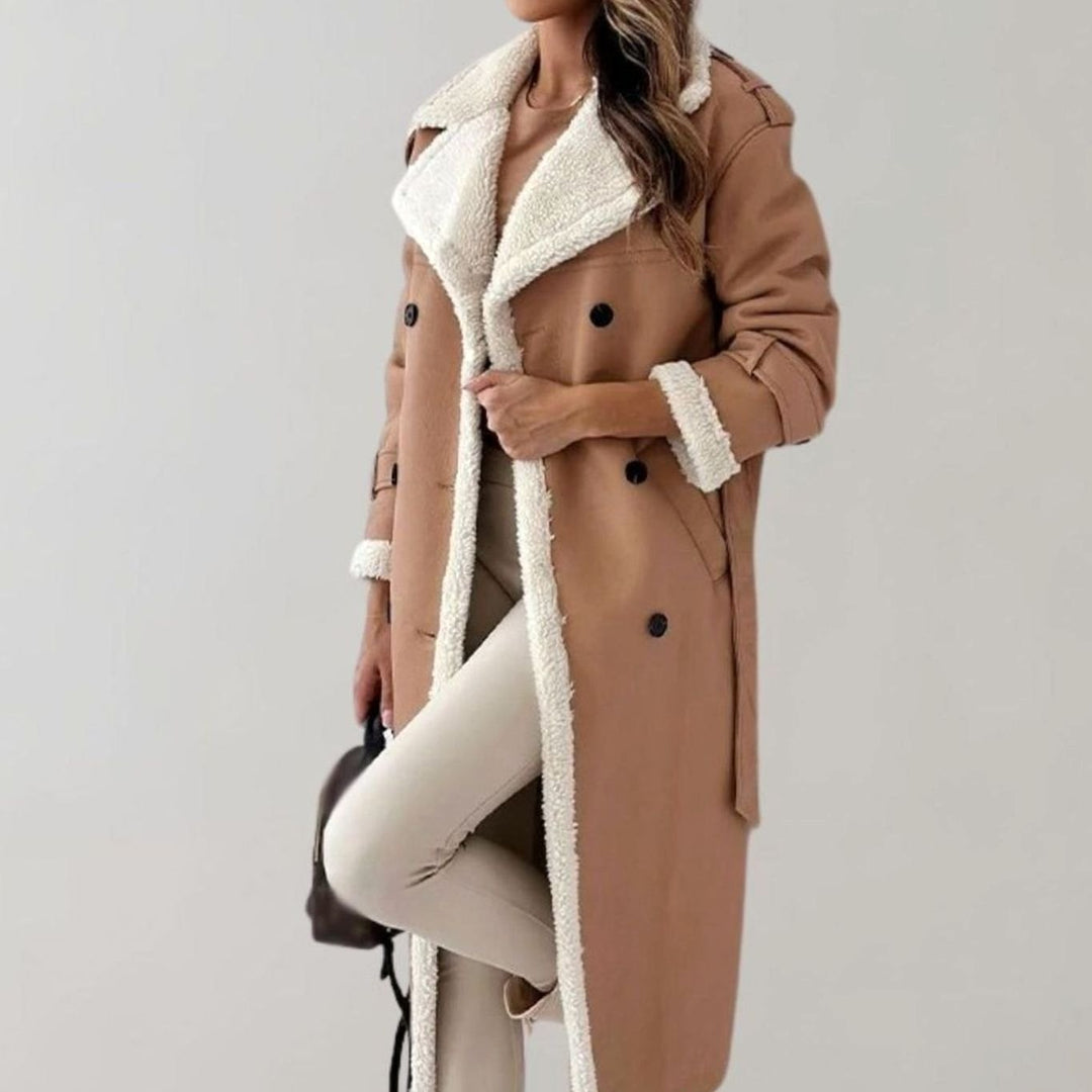 Women's Long Faux Leather Sherpa-Lined Double-Breasted Teddy Coat - Apricot