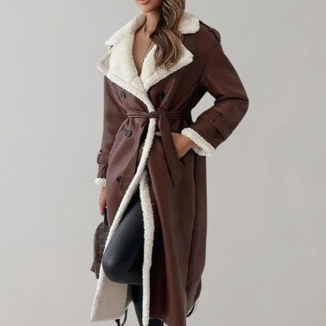 Women's Long Faux Leather Sherpa-Lined Double-Breasted Teddy Coat - Brown
