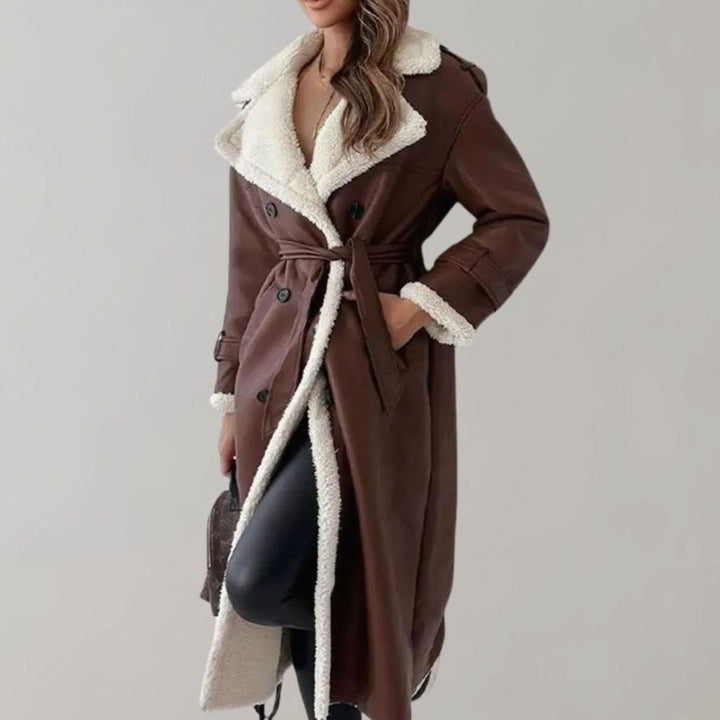 Women's Long Faux Leather Sherpa-Lined Double-Breasted Teddy Coat - Brown