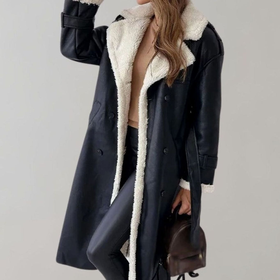 Women's Long Faux Leather Sherpa-Lined Double-Breasted Teddy Coat