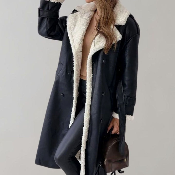 Women's Long Faux Leather Sherpa-Lined Double-Breasted Teddy Coat
