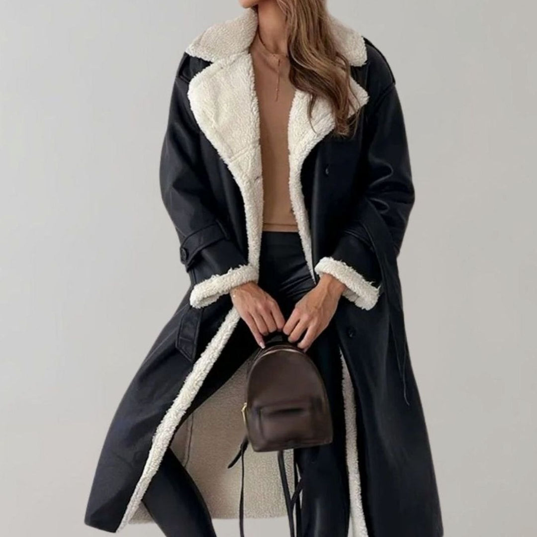 Women's Long Faux Leather Sherpa-Lined Double-Breasted Teddy Coat