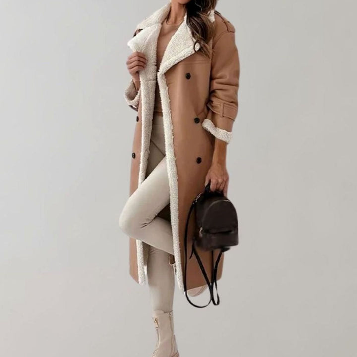 Women's Long Faux Leather Sherpa-Lined Double-Breasted Teddy Coat