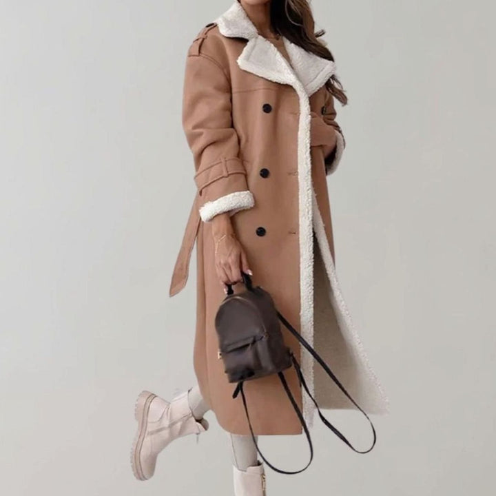 Women's Long Faux Leather Sherpa-Lined Double-Breasted Teddy Coat
