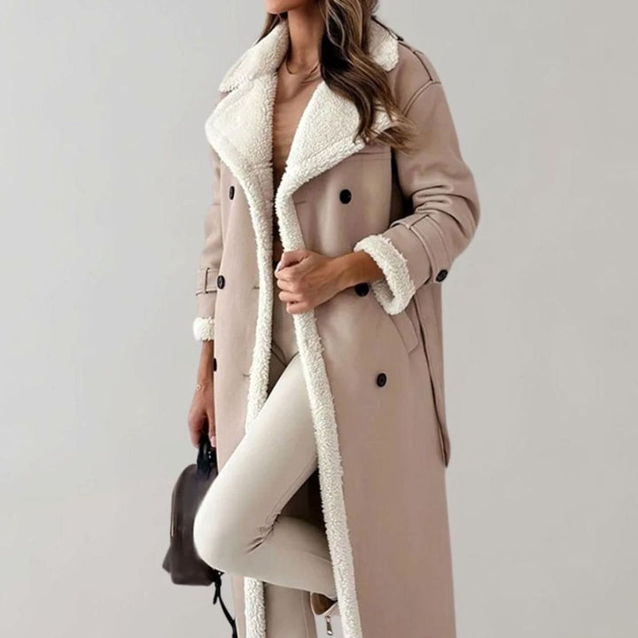 Women's Long Faux Leather Sherpa-Lined Double-Breasted Teddy Coat