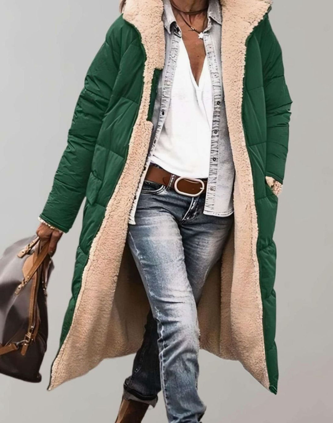 Women's Long Fleece-Lined Hooded Quilted Coat - Army Green