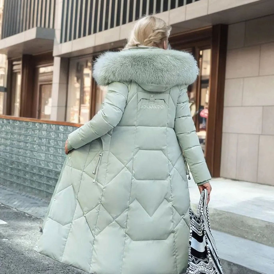 Women's Long Hooded Faux Fur Trim Quilted Coat
