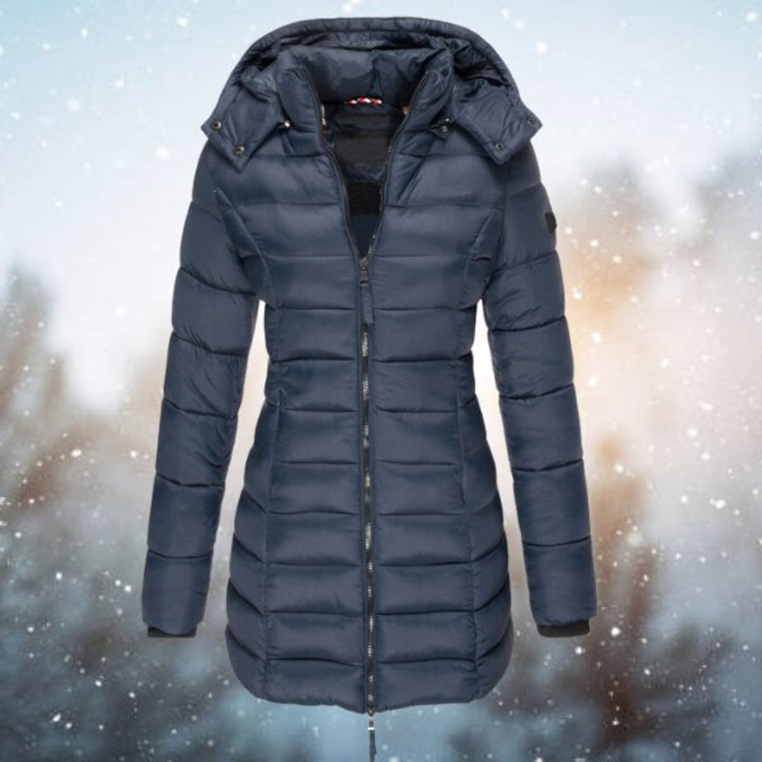 Women's Long Hooded Quilted Jacket Zip-Up Puffer Coat - Navy Blue