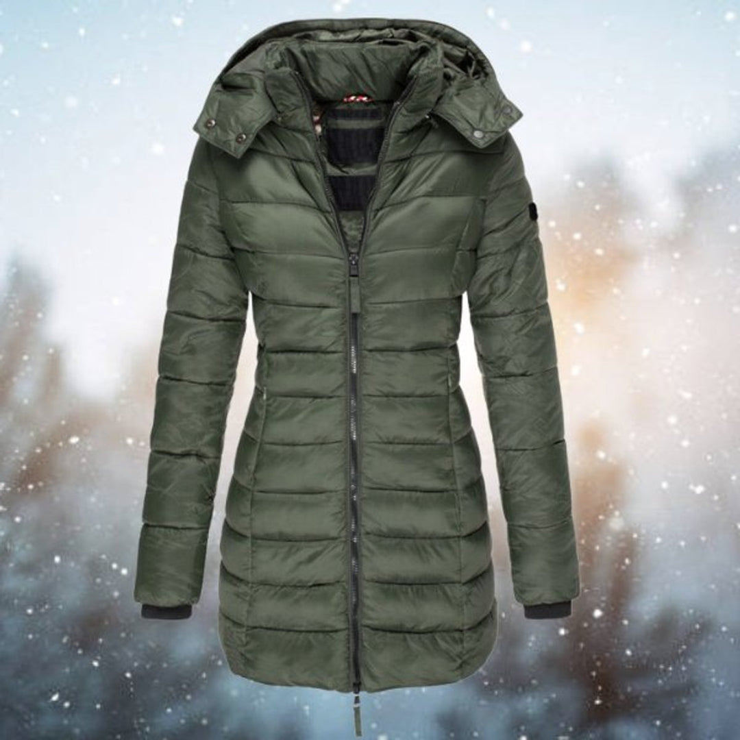 Women's Long Hooded Quilted Jacket Zip-Up Puffer Coat - Green