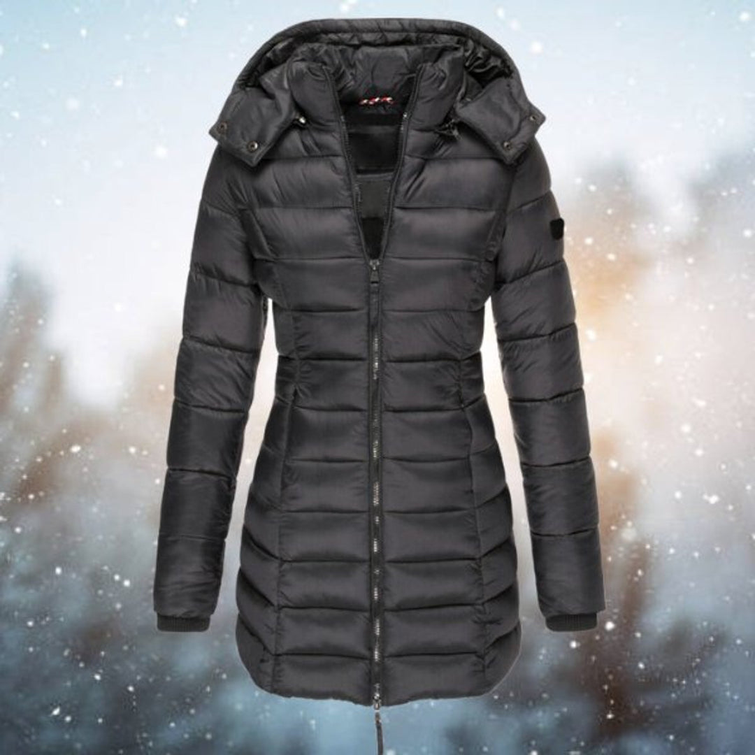 Women's Long Hooded Quilted Jacket Zip-Up Puffer Coat - Black