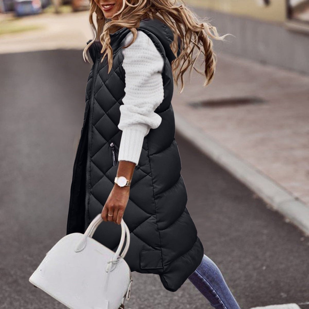 Women's Long Hooded Quilted Puffer Gilet Sleeveless Vest - Black
