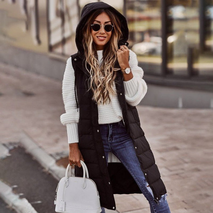 Women's Long Hooded Quilted Puffer Vest Sleeveless Knee-Length Jacket