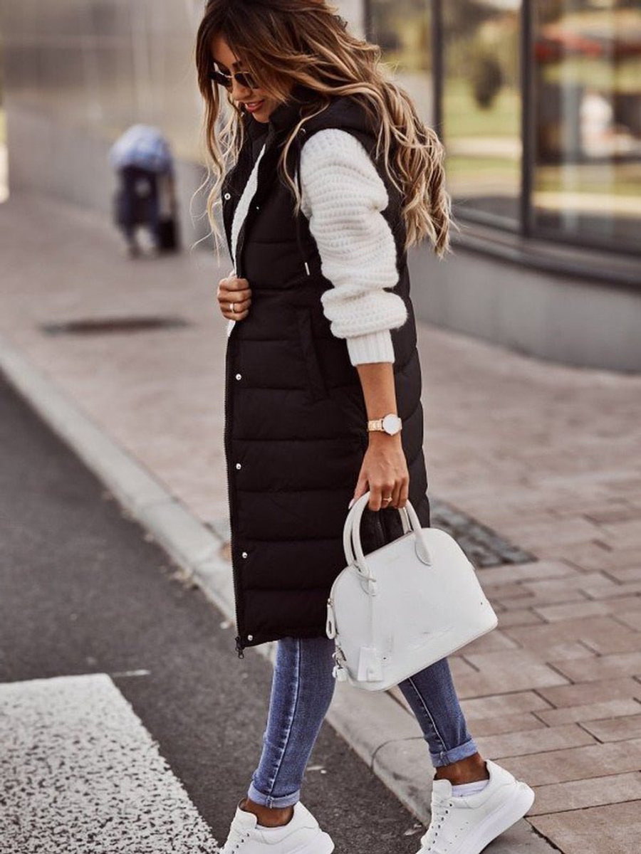 Women's Long Hooded Quilted Puffer Vest Sleeveless Knee-Length Jacket