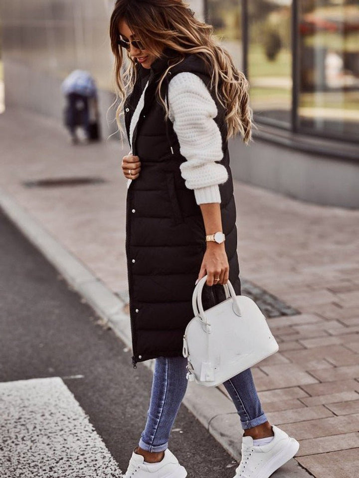 Women's Long Hooded Quilted Puffer Vest Sleeveless Knee-Length Jacket
