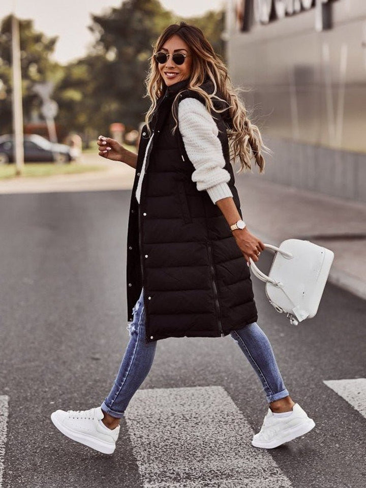 Women's Long Hooded Quilted Puffer Vest Sleeveless Knee-Length Jacket