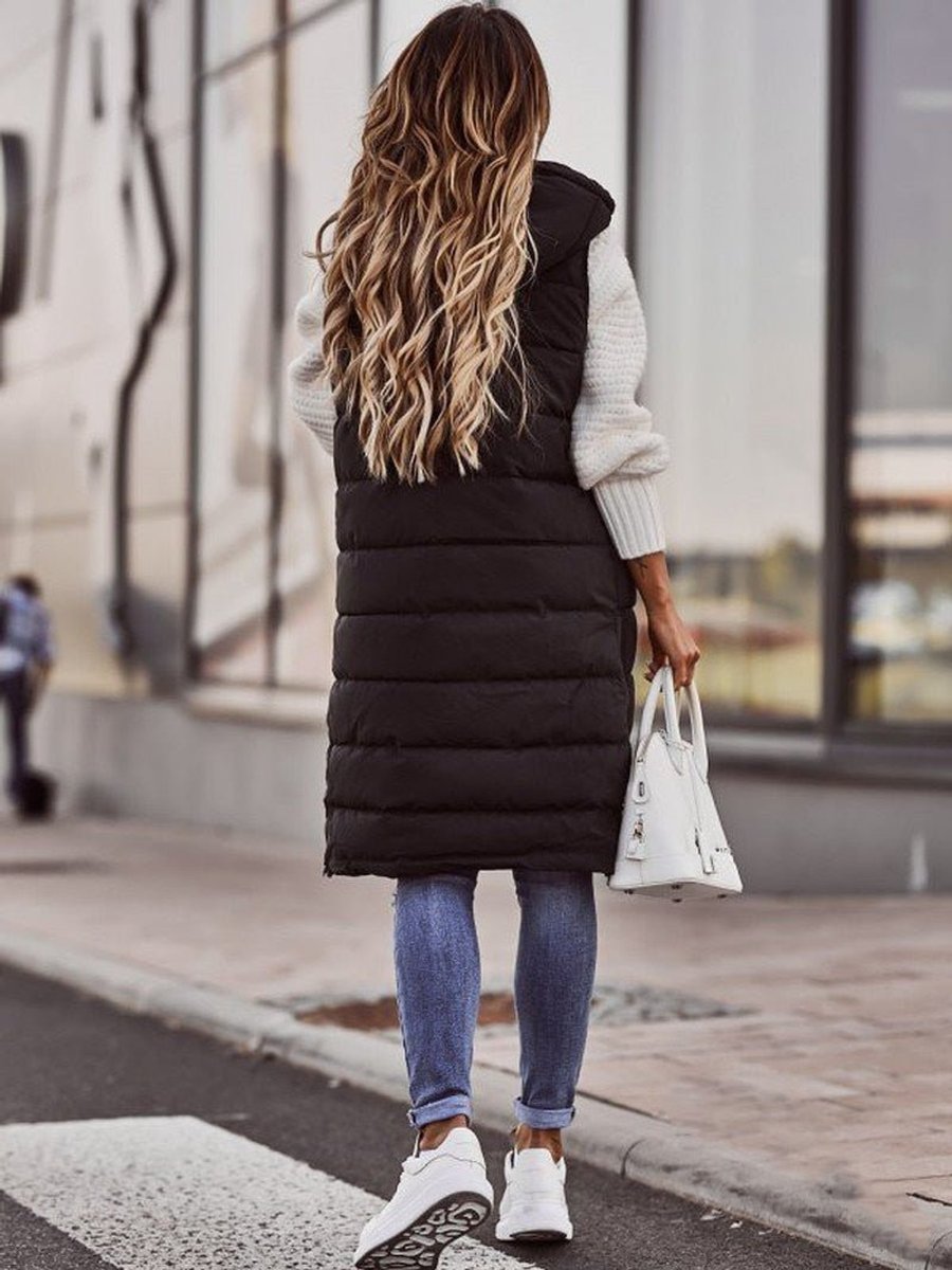Women's Long Hooded Quilted Puffer Vest Sleeveless Knee-Length Jacket