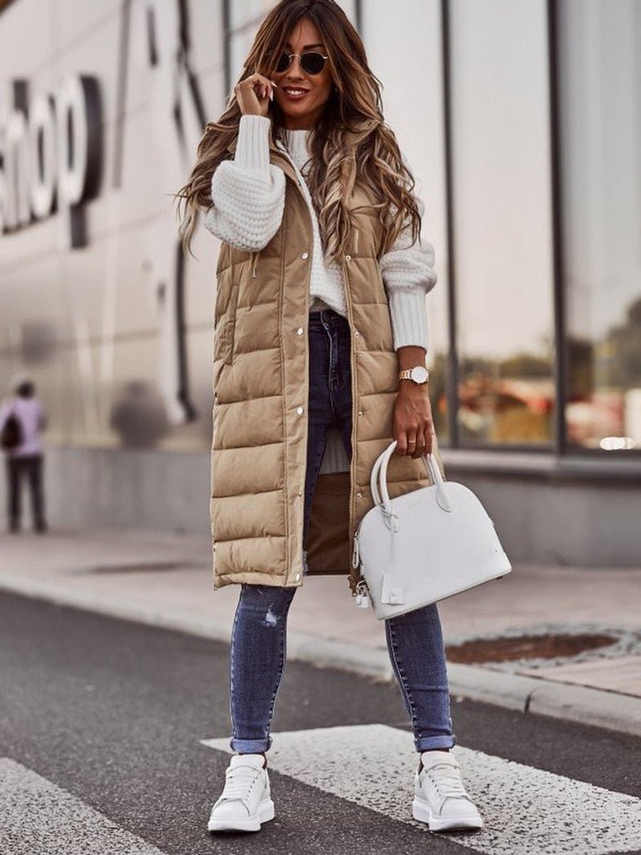 Women's Long Hooded Quilted Puffer Vest Sleeveless Knee-Length Jacket - Beige