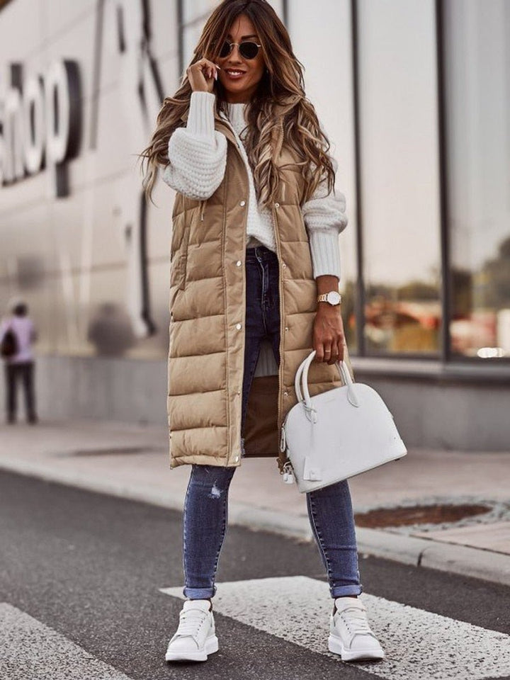 Women's Long Hooded Quilted Puffer Vest Sleeveless Knee-Length Jacket - Beige