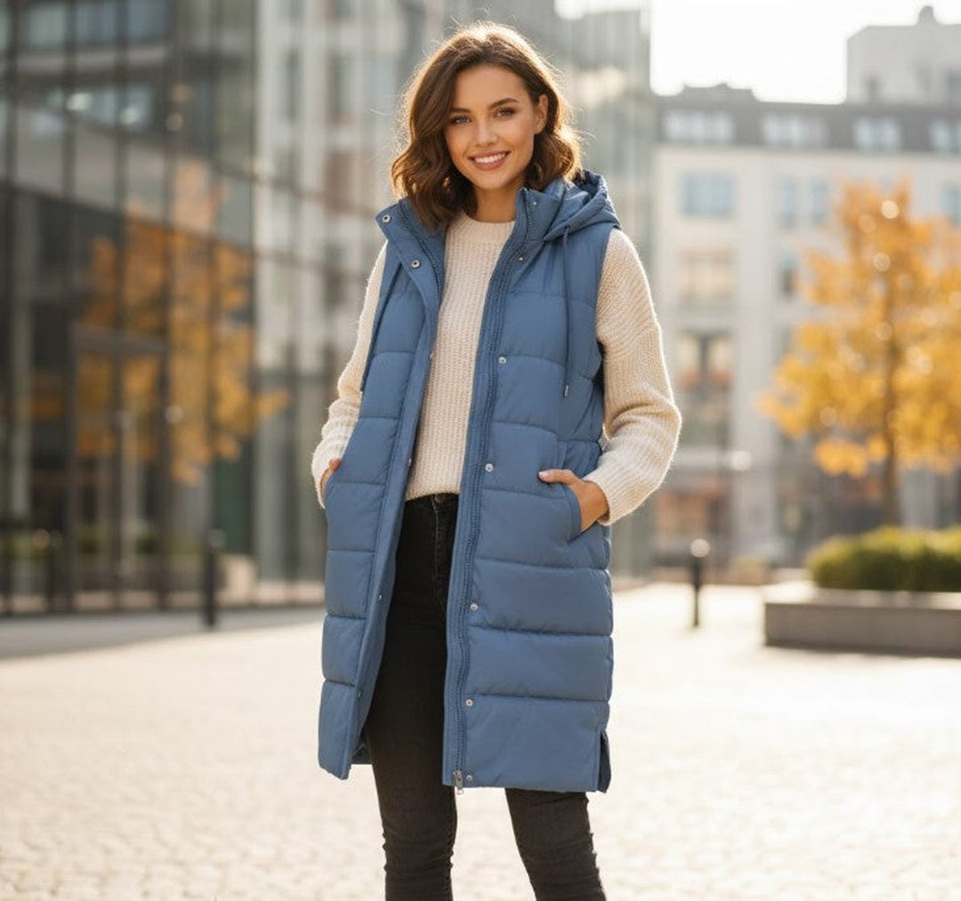 Women's Long Hooded Quilted Puffer Vest Sleeveless Knee-Length Jacket - Blue