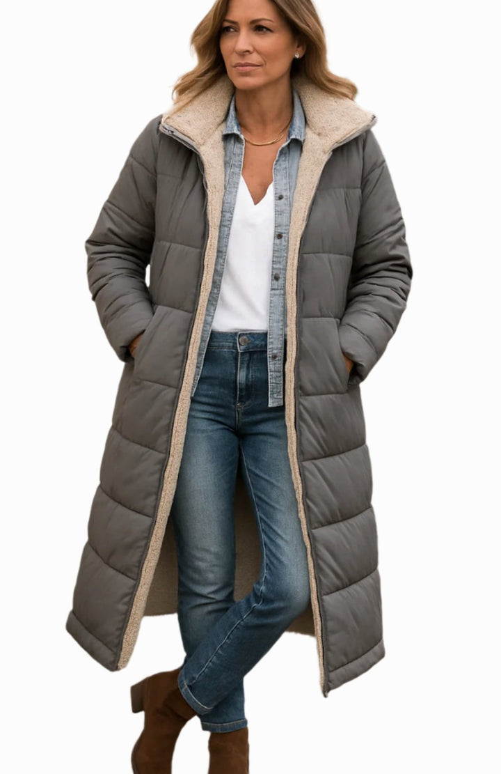Women's Long Hooded Quilted Sherpa-Lined Winter Coat - Gray