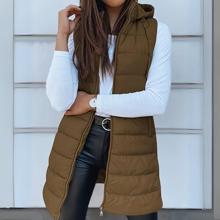 Women's Long Hooded Sleeveless Puffer Vest Lightweight Maxi Outerwear - Khaki