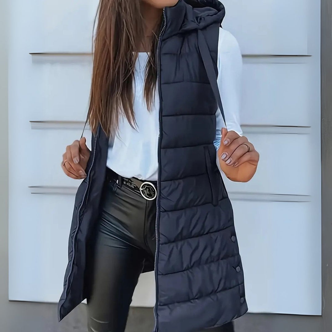 Women's Long Hooded Sleeveless Puffer Vest Lightweight Maxi Outerwear - Navy Blue