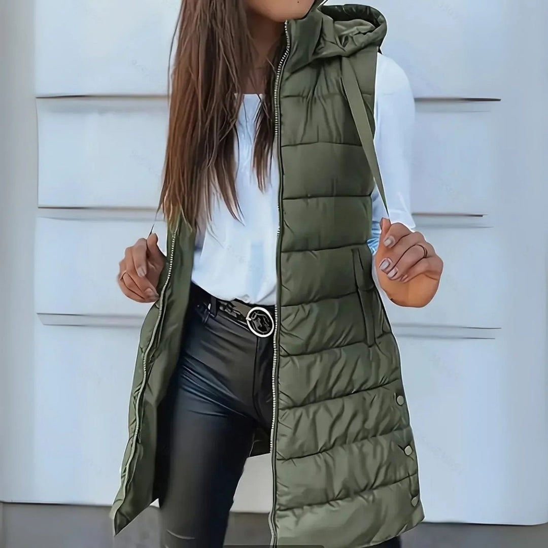 Women's Long Hooded Sleeveless Puffer Vest Lightweight Maxi Outerwear - Olive Green
