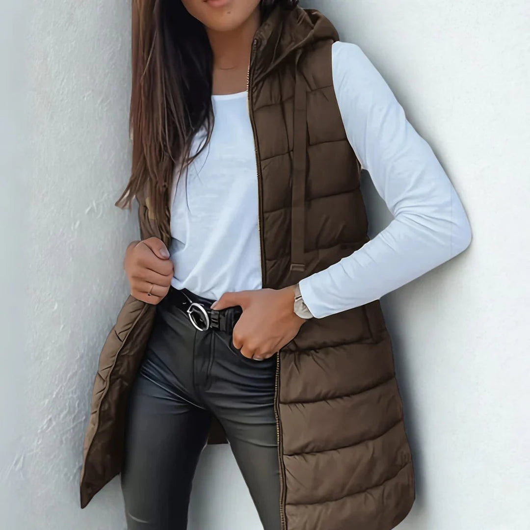 Women's Long Hooded Sleeveless Puffer Vest Lightweight Maxi Outerwear - Brown