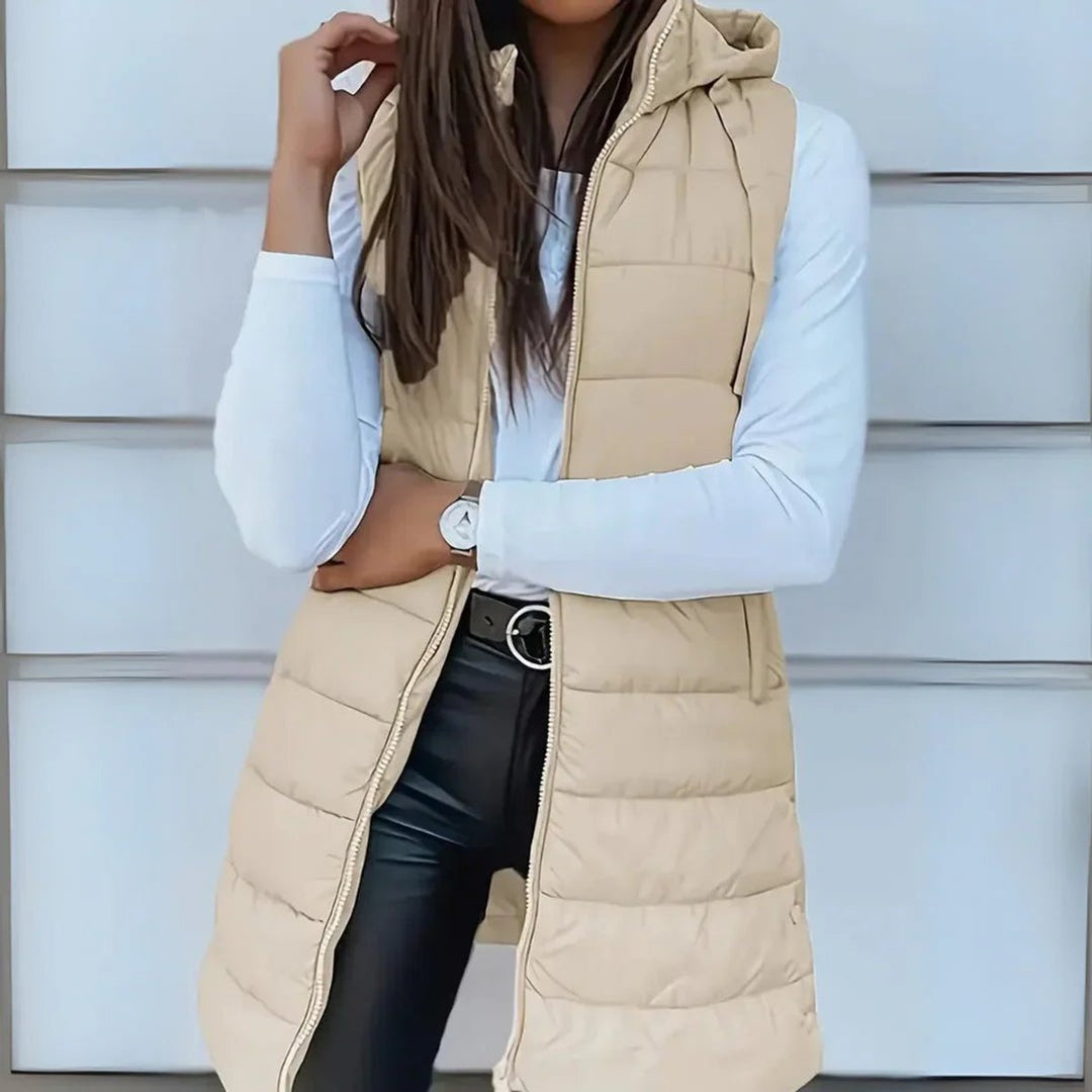 Women's Long Hooded Sleeveless Puffer Vest Lightweight Maxi Outerwear - Beige