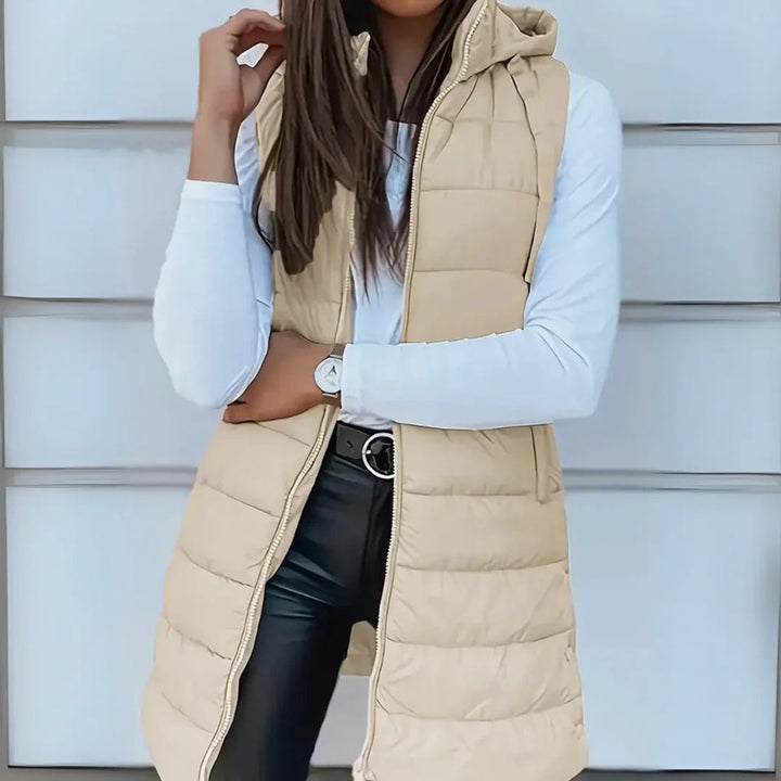 Women's Long Hooded Sleeveless Puffer Vest Lightweight Maxi Outerwear - Beige