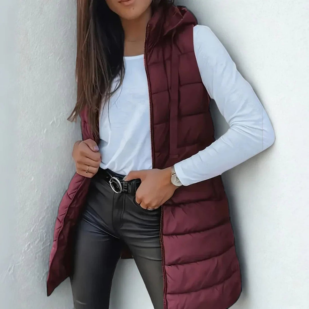 Women's Long Hooded Sleeveless Puffer Vest Lightweight Maxi Outerwear - Chestnut Brown