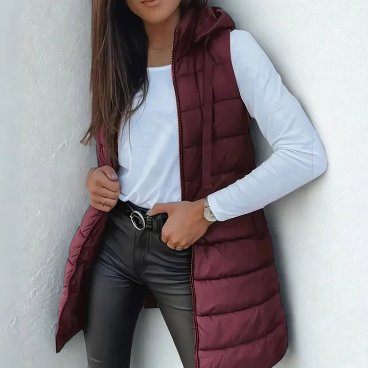 Women's Long Hooded Sleeveless Puffer Vest Lightweight Maxi Outerwear - Chestnut Brown