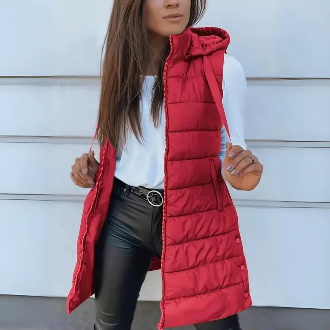 Women's Long Hooded Sleeveless Puffer Vest Lightweight Maxi Outerwear - Red