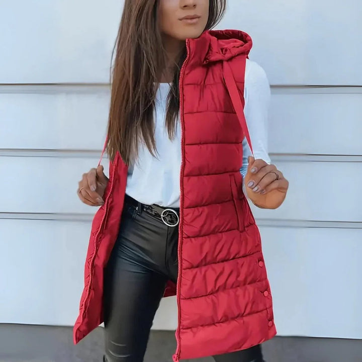 Women's Long Hooded Sleeveless Puffer Vest Lightweight Maxi Outerwear - Red
