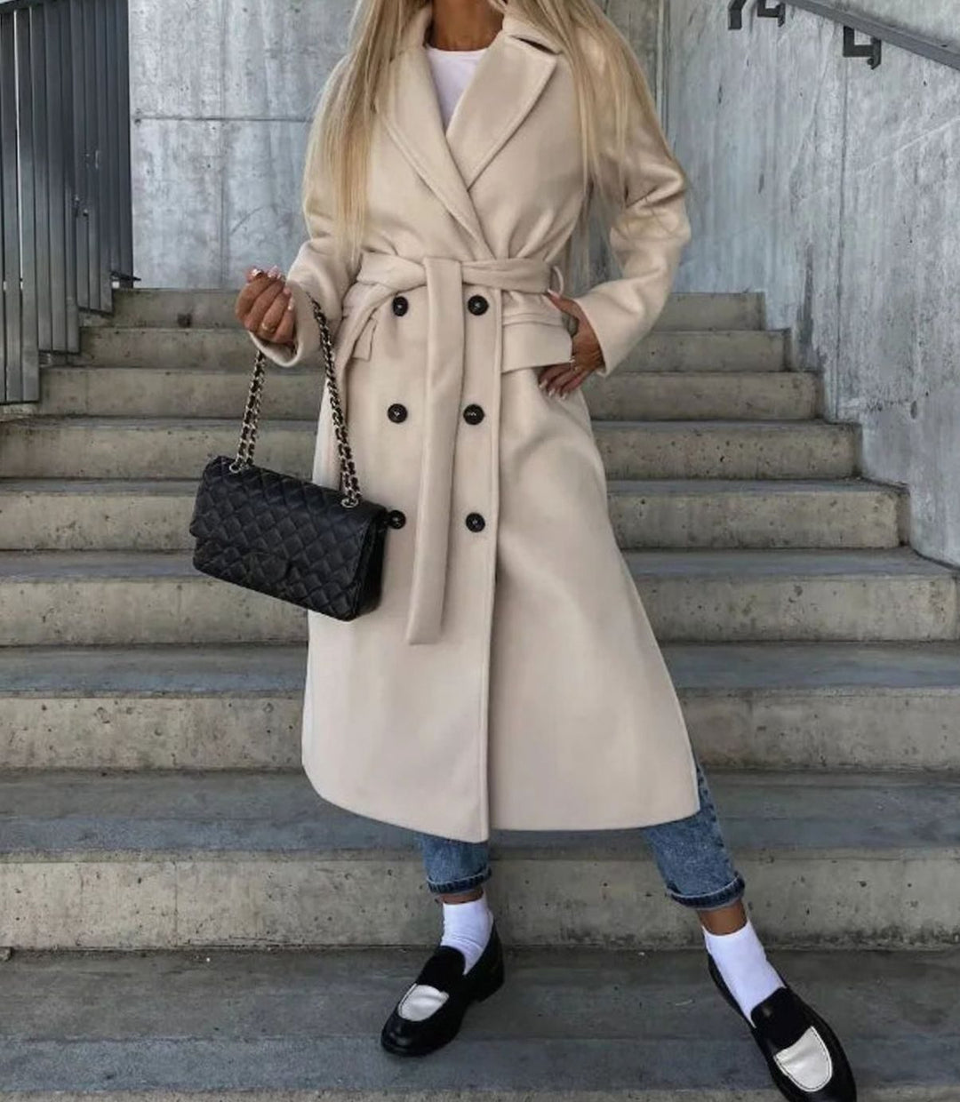 Women's Long Lapel Double-Button Front Coat Overcoat - Khaki