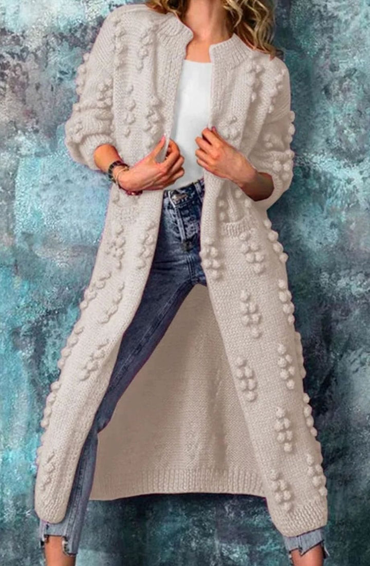 Women's Long Pom-Detail Open-Front Knitted Cardigan Sweater - Beige