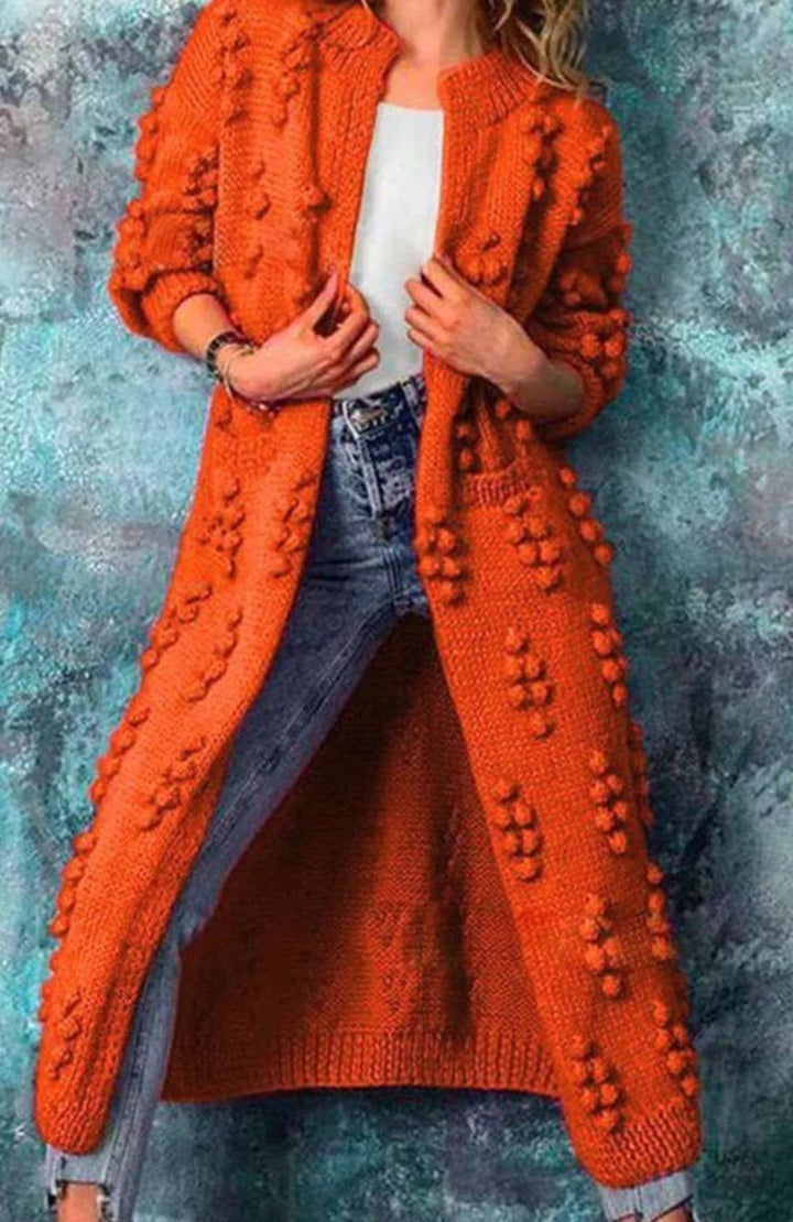 Women's Long Pom-Detail Open-Front Knitted Cardigan Sweater - Orange